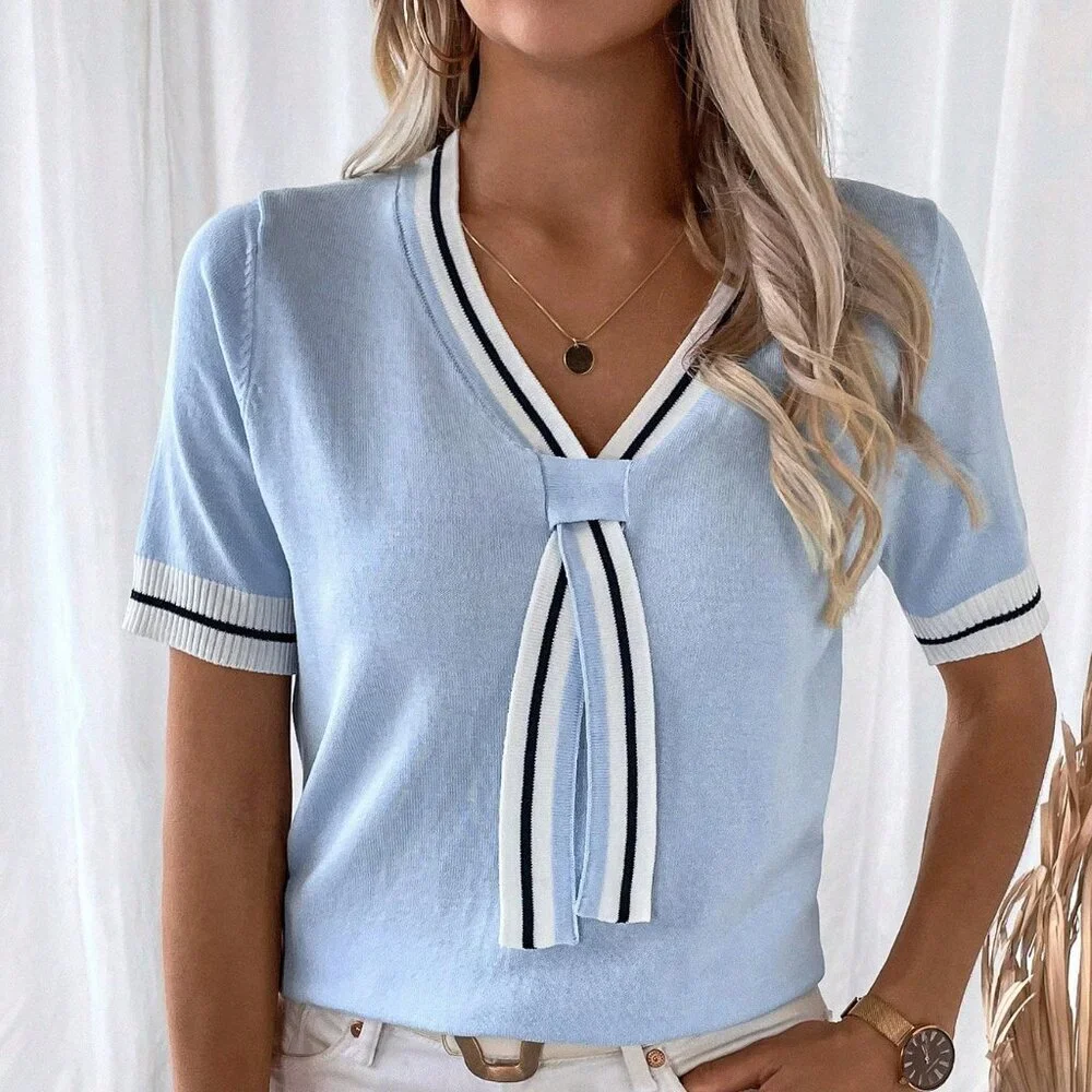 Blue Casual Women's Striped Color Block Short Sleeve Knit Top